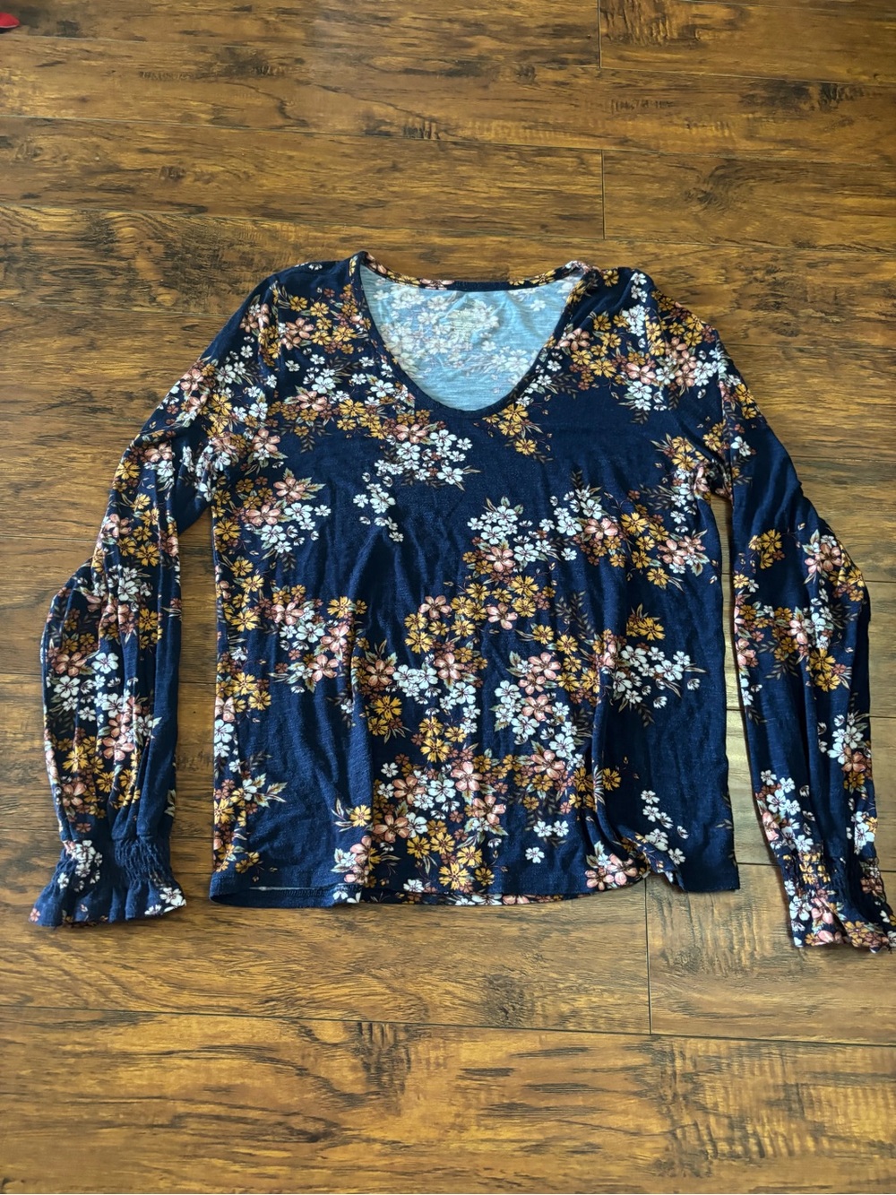 Maurices Navy Floral V-Neck Long Sleeve Top